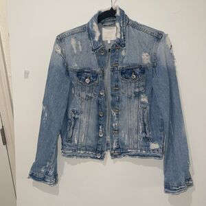 ZARA Womens Trafaluc Distressed Blue Denim Jean Jacket Edgy Grunge Y2K Urban XS